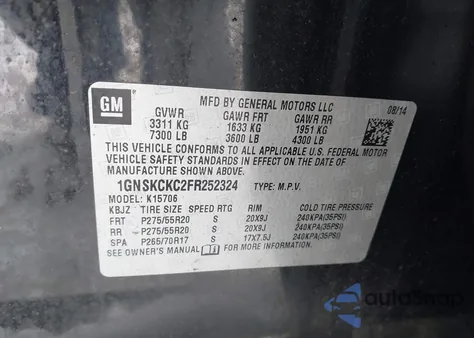 2015 Chevrolet Tahoe Ltz z USA, uszkodzony, nr VIN 1GNSKCKC2FR252324